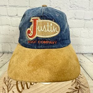 VTG Justin Boot Co Hat Men Blue Denim Brown Suede Strapback Cabin Western